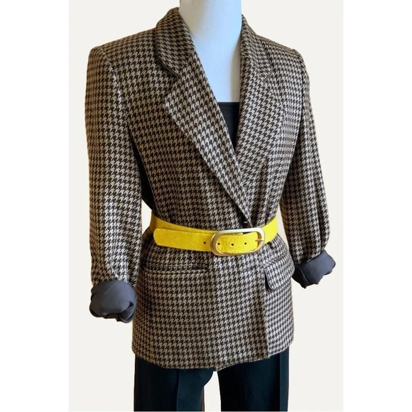 VINTAGE Brown/Tan Houndstooth Structured Blazer Size 10 - Picture 1 of 14